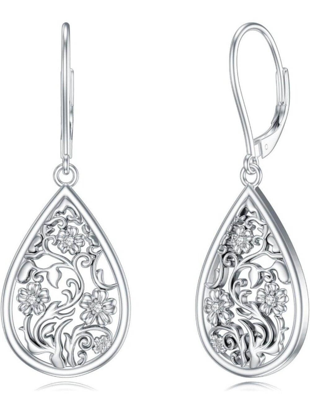 Elegant Teardrop Drop Earrings with Diamond Floral Filigree in 925 Sterling